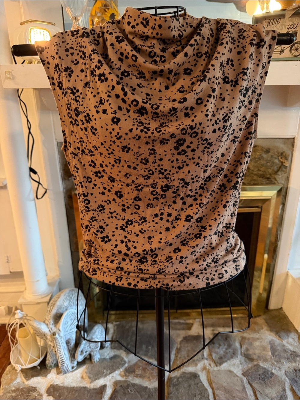 Ann Taylor Sleeveless Cowl Neck Top in Tan with Black Spot Print